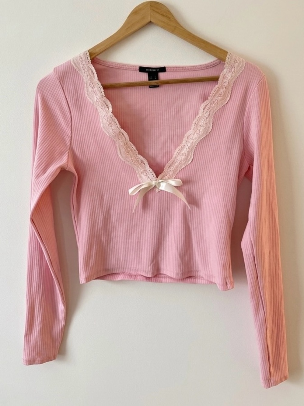 Forever 21 Pink Ribbed Lace Trim Bow Front Long Sleeve Crop Top Size Large Y2K
